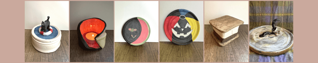 Preview of the Summer + Summerween 2026 collection pieces: scared cat lidded box, candle votive, fruit bat and moon trinket dish, jack-o-beach ball trinket dish, s'mores themed box, Loch Ness monster ring stand